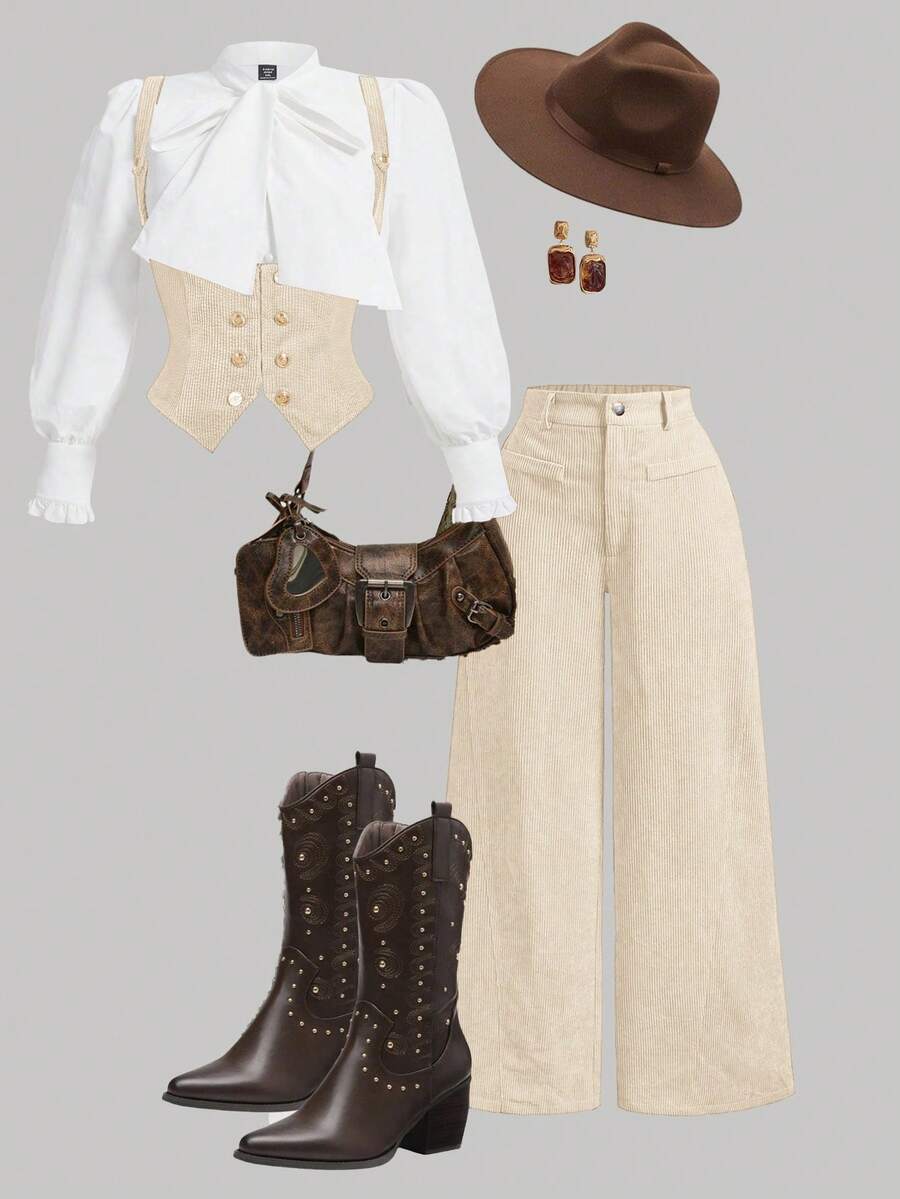 SHEIN MOD Plus Size Retro Corduroy Camisole Double-Breasted Bra Top & Wide Leg Pants 2 Pieces Set - Beige - View 1