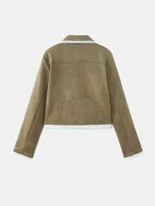 lacRébo Khaki Suede Effect Jacket With Contrast White Lace Trim Button Front And Patch Pockets Cute Vintage Romantic Outerwear French Style Parisian Style - Army Green - View 8