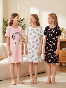 3件套 少女甜美粉色底色漂亮蝴蝶结可爱小猫印花A字长款睡衣 - 彩色 - 查看 8
