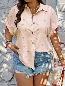 SHEIN LUNE Plus Size Short Sleeve Rolled Hem Front Button Striped Shirt, Print - Multicolor - View 1