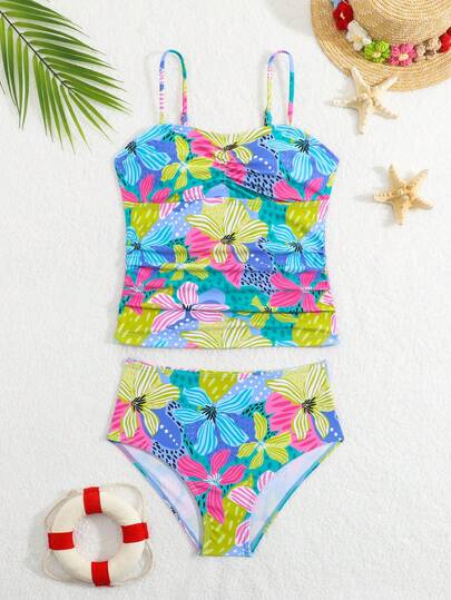 SHEIN 2pcs/Set Tween GirlsTropical Floral Elastic Quick Dry Comfortable Knit Fabric Tween Girl) Camisole Bikini Top, Suitable For Beach, Pool, Seaside, Surfing, Vacation, Summer, Travel
