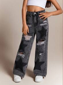 Radiana Y2K Grunge Punk Girls' Loose Fit Distressed Star Patched Contrast Color Wide Leg Boy Friend Jeans, School,Streetwear - Black - View 1