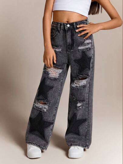 Radiana Y2K 垃圾朋克女童宽松破洞星星拼接撞色宽腿男友牛仔裤，校园风，街头服饰