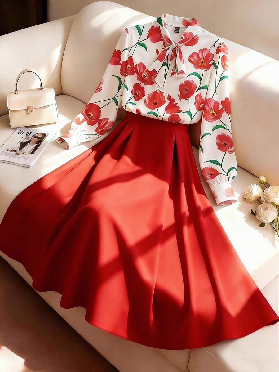 GlowEve CURVE Women's Elegant High Collar Tie Long Sleeve Blouse And A-Line Valentine's Day Skirt 2-Piece Set - Multicolor - View 1