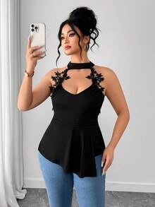 Elenzga Áo kiểu dáng thanh lịch dành cho nữ cỡ lớn, cổ chữ V, vạt bất đối xứng, không tay, đính ren, thích hợp cho mùa hè. - màu đen - Xem 3