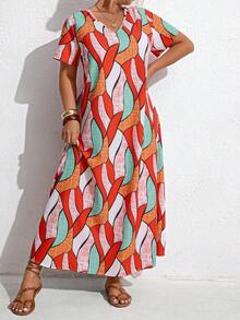 Breezaya Đầm ngắn tay cổ tròn in hoa dành cho nữ cỡ lớn, thanh lịch và phù hợp để mặc hàng ngày. - Nhiều màu - Xem 4