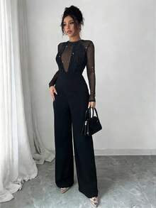 Rafferiza 女士亮面针织连体裤，性感优雅派对装扮，适合新年庆祝活动，黑色 - 黑色 - 查看 5