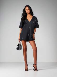 MISSGUIDED Đầm ngắn màu đen đính sequin pha lê lấp lánh, cổ chữ V, tay ngắn, thích hợp cho các buổi tiệc. - màu đen - Xem 4