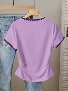 Camiseta gráfica con estampado de mariposa y corazón con cintura ceñida, nuevos lanzamientos de verano para mujer - Morado - Ver 2