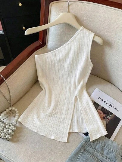 GlowEve New Arrival Spring/Summer Casual Business Textured Comfortable Wheat Jacquard One Shoulder White Slit Design Women Tank Top