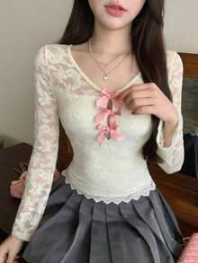 DAZY 女士蕾丝镂空蝴蝶结长袖T恤，可叠穿上衣 - 白色 - 查看 3