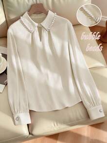 Franclia Áo sơ mi dài tay nữ màu trơn cổ bẻ đính ngọc trai nhỏ, màu hồng, thích hợp cho mùa thu. - Màu be - Xem 3