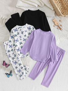 SHEIN Bộ đồ đôi thoải mái, rộng rãi cho bé gái, cổ tròn, in hình gấu dễ thương, gồm áo thun và quần dài dệt kim gân, thích hợp cho mùa thu/đông. - Nhiều màu - Xem 3