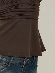 SHEIN ICON Y2k Women's Going Out Boho Brown Halter Backless Babydoll Tank Top Spring To Summer - Brown - View 10