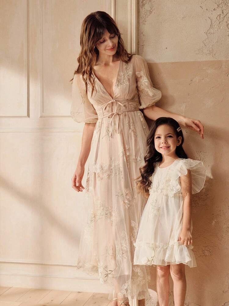 SHEIN Young Girl Embroidered Mesh Ruffle Hem Party Dress Dresses For Mommy And Me Mother And Daughter Matching Dresses Cream Dress Kids Boho Flower Girl Dress Dresses For Girls Embroidered,Mommy And Me Matching Outfits (2 Pieces Sold Separately) - Apricot - View 3