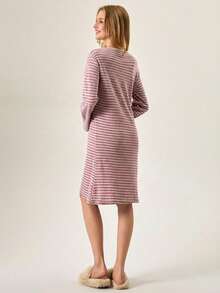 Loomlin 女士棉质撞色条纹圆领考拉刺绣家居服睡衣连衣裙 - 粉色 - 查看 2