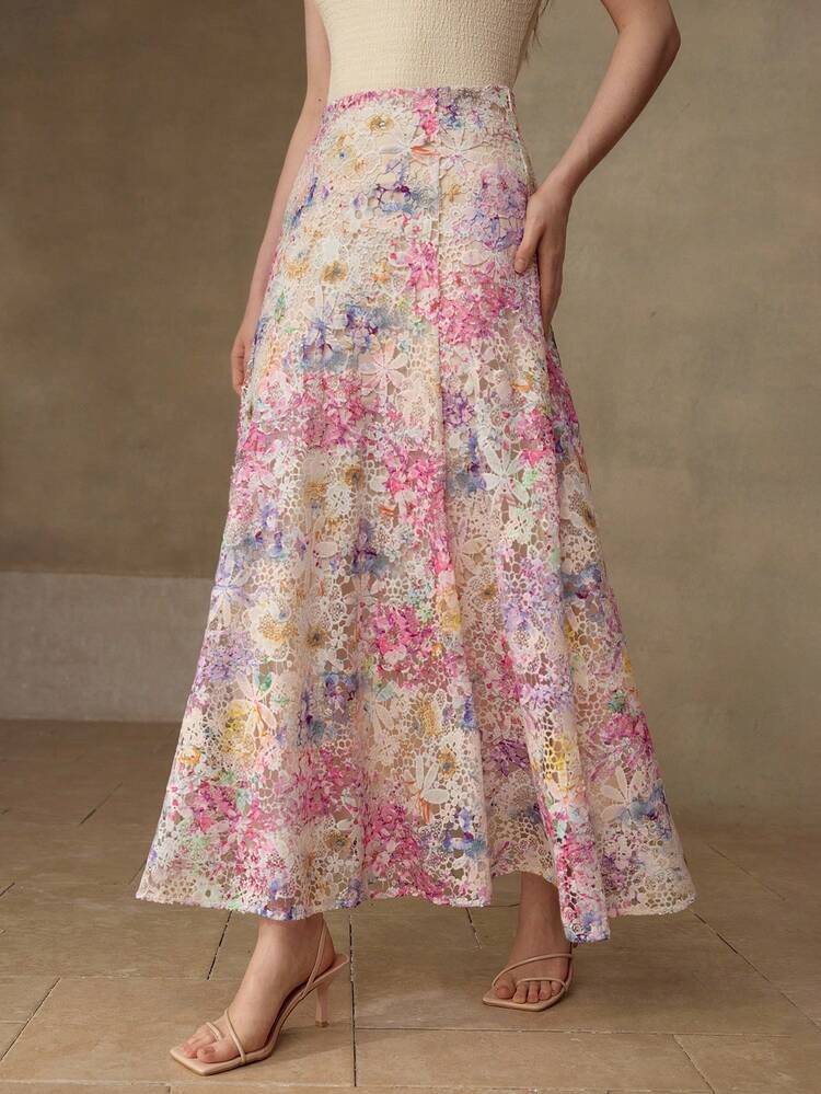 GUIPURE LACE PRINTED WAIST FLARED HEM SLIM FIT SKIRT