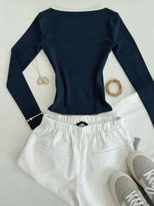 Glimmora Áo thun dài tay dáng ôm cổ vuông màu xanh navy tối giản, phù hợp cho mùa xuân, hè, thu và đông. Áo thun thời trang, quà tặng phong cách cho anh chị em, quà tặng cho mẹ, quà tặng Ngày của Mẹ. Áo thun thời trang tối giản thường ngày. - Xanh đậm - Xem 2