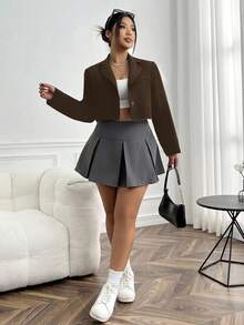Comfortcana 大翻领短款西装外套，适合毕业季、返校季、秋冬季女教师穿着。 - 棕色 - 查看 13