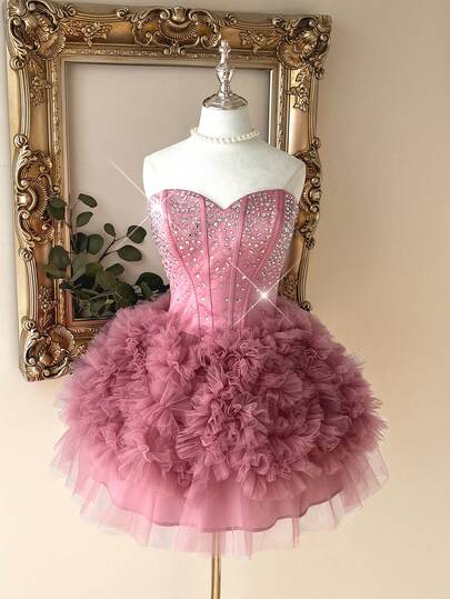 Lovelzi Elegant And Glamorous Light Pink Satin And Mesh Trim, Heavily Embellished With Rhinestones, Peach-Shaped Neckline, Multiple Boning Details, A-Line Silhouette With Wavy Pleats, Short Length. Perfect For Dates, Parties, Singles, Music Festivals, Afternoon Tea, Or As A Formal Ball Gown.,Wedding Party Dress