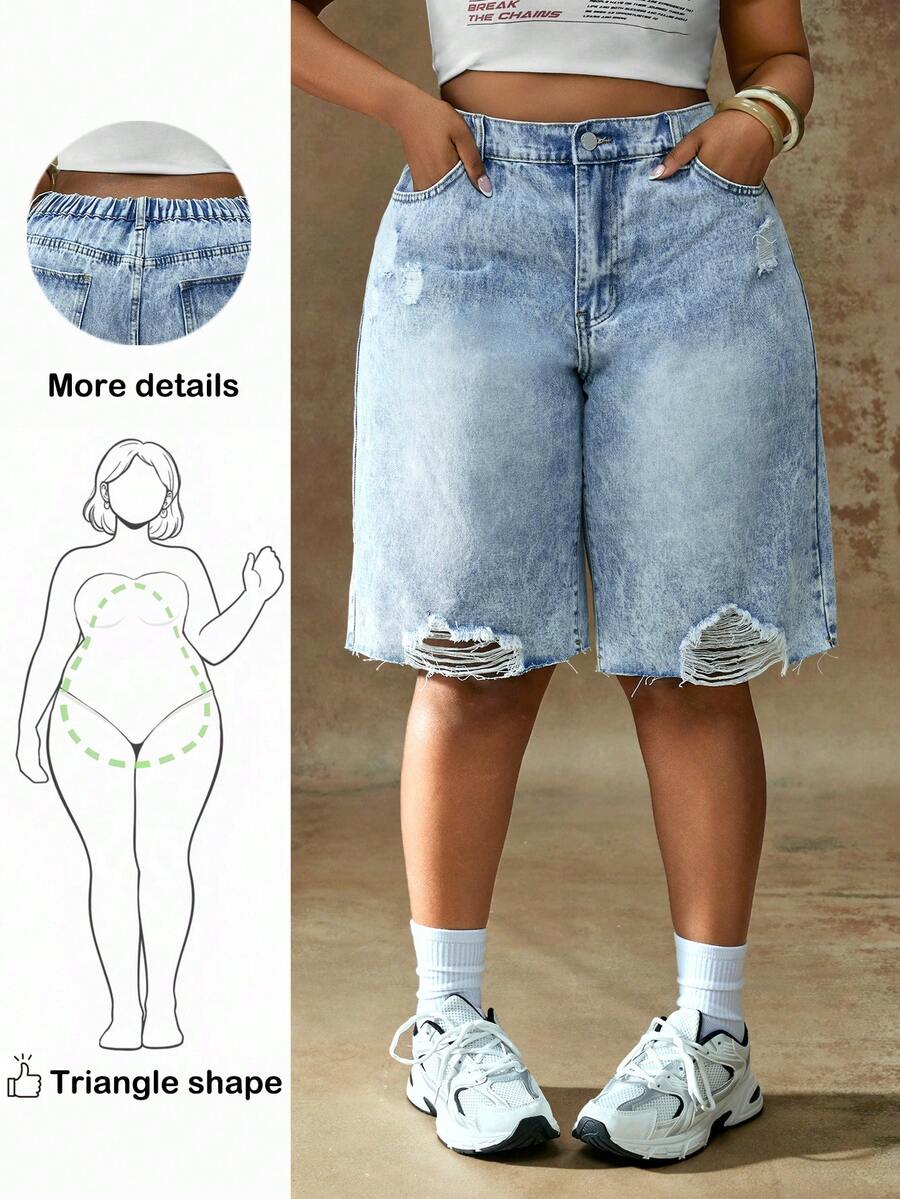 Truni 大码休闲修身蓝色牛仔百慕大短裤，适合夏季海滩度假、日常约会、夜店、派对、聚会、泳池派对、返校季、假日、乡村音乐节、演唱会等场合，适合梨形和三角形身材 - 藍色 - 查看 1