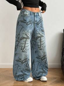 StreetHx Street Style Full Graffiti Print Wide Leg Jeans - Light Wash - View 3