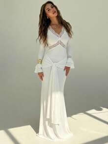 Aloruh Vestido de festa branco elegante, modelo sereia com decote em V profundo e mangas flare vazadas para mulheres. - Branco - Ver 5