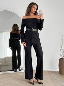 EURMUSE Off-Shoulder Belted Button Front Blazer & Wide Leg Pants Two Pieces Set - Black - View 1