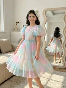 Tween Girls' Elegant Puff Sleeve Butterfly Back Bow Princess Dress