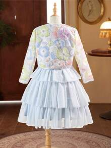 SHEIN Tween Girl Light Blue Floral 3D Decor Mesh Sleeveless Dress With Elegant Cardigan 2-Piece Set,Summer Wedding Guest Pastel Jacket Skirt Set For Girls - Mint Green - View 7