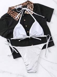 Summer Beach Metallic Bikini Set Triangle Bra & Thong Bottom 2 Piece Bathing Suit - Silver - View 6