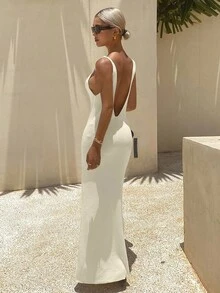 Livesso Women's Summer V-Neck Sleeveless Waist Cinched Knit Dress Spring - White - View 2