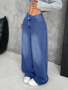 SHEIN PETITE Women's Thick Denim Wide Leg Pants With Oblique Placket, Blue - Light Wash - View 6