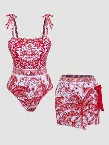 Swim Oasis 2026 New Elegant Floral Print One-Piece Swimsuit, High-End Beach Resort Wear, Plus Size - Red - View 5