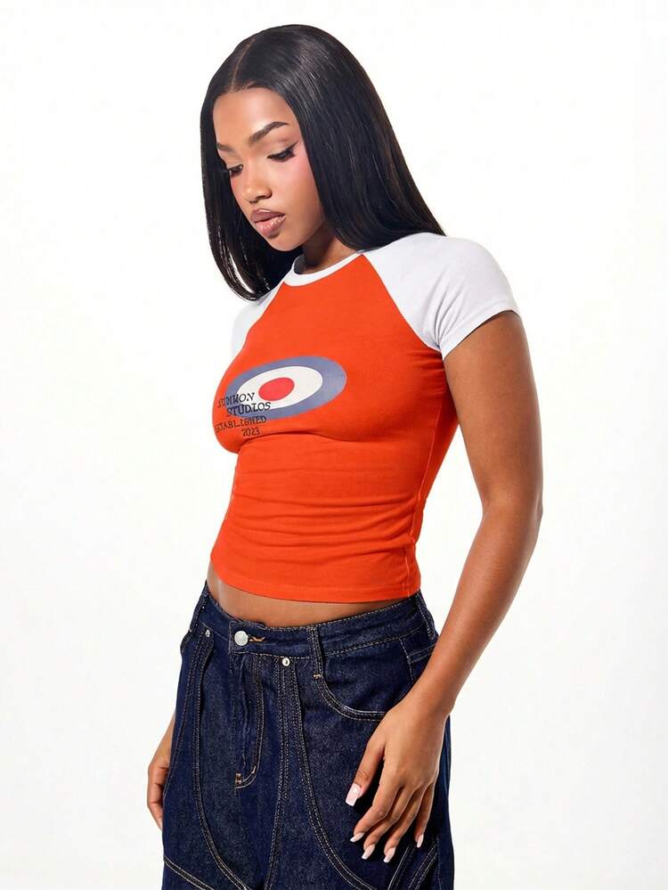 SUMWON WOMEN Women's Contrast Raglan Sleeve Tee With Front Graphic Print Short Sleeve Fitted Crop Top Orange White Colorblock Summer Casual Shirt