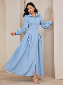 Graceveil Women's Fashionable, Modest, Elegant Solid Color Extra Long Shirt Dress - Blue - View 7