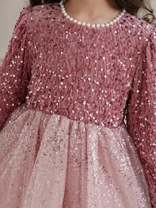 Girls' Sequin & Pearl Decor Tulle Dress With Large Collar, Elegant For Parties, Gatherings, Birthdays, Spring/Summer - Pink - View 6