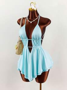 Amplova Đầm ngắn gợi cảm cổ yếm hở lưng khoét eo dành cho nữ, thích hợp cho kỳ nghỉ xuân, phần ngực xếp ly ôm sát vòng một, trang phục đi nghỉ mát, trang phục dự tiệc cho nữ. - Màu xanh nhạt - Xem 5