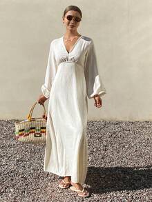 Livesso 女士高领收腰条纹中长连衣裙 - 米色 - 查看 2