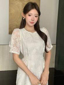 DAZY High-End Embroidered Lace Midi Dress, Women's Round Neck Split Hem French Elegant Party Gown - White - View 6