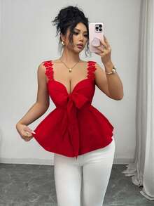 Rafferiza 女士优雅法式性感度假风蕾丝打结荷叶边宽肩带上衣，夏季 - 紅色 - 查看 5