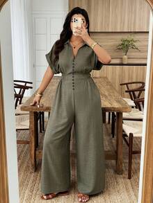 Weeklong Plus Size Women's Spring/Summer Shirt Collar Rivet Decor Elastic Waist Casual Jumpsuit For Vacation & Commute