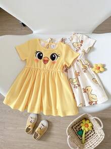 Playful Pals 2pcs/Set Baby GirlCute Duck & Chick Print Short Sleeve A-Line Dress, Suitable For Spring/Summer Outings, Photoshoots Or Everyday Wear - Multicolor - View 11