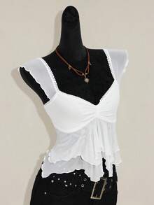 SHEIN ICON 女士褶皱前片修身性感网纱拼接短袖露背休闲度假短款背心 - 白色 - 查看 8