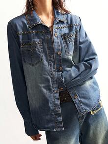 Bohemela 波西米亚风水钻装饰牛仔外套，女士高端休闲衬衫 - 藍色 - 查看 5