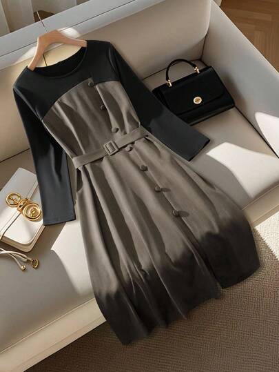 GlowEve CURVE 加大码女式针织圆领拼布撞色长袖系带纽扣开衩下摆中长连衣裙，适合休闲和工作