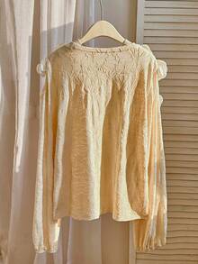 Modelyn Maglione a maniche lunghe con motivo floreale 3D in maglia tinta unita, taglie comode per donna - Albicocca - Visualizzare 2