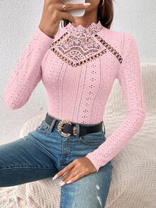 SHEIN Frenchy Guipure 成人蕾丝拼接镂空刺绣高领T恤连体衣 - 淺粉色 - 查看 4