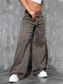 SHEIN ICON 大码女式宽松豹纹直筒牛仔裤，休闲牛仔装扮 - 彩色 - 查看 5