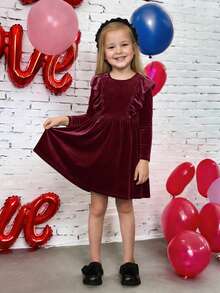 SHEIN Young Girl Knitted Ruffled Round Neck Fit Casual Dress, Valentine's Dress,Suitable For Autumn And Winter, Valentine's Day Party Wear, Daily Wear School Daily, Birthday Dress, Princess Dress - Burgundy - View 1